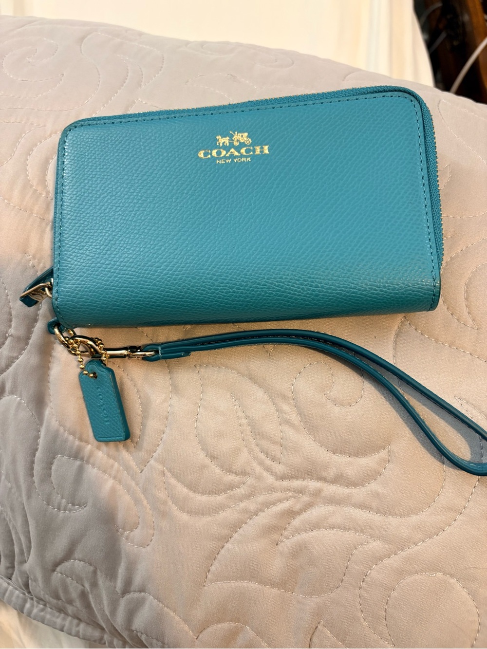 Coach Teal Turquoise Pebble Leather Double Zip Phone Wallet Wristlet